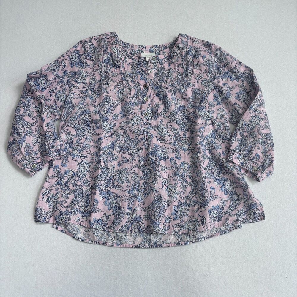 J. Jill Linen Blouse Women's S Petite Pink Blue Paisley 3/4 Sleeve Summer Travel